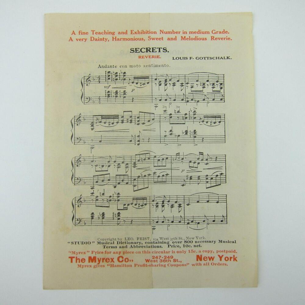 Sheet Music Sampler The Myrex Co Secrets, Morning Star, Song of Sea Antique 1911